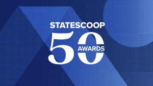 The word StateScoop atop the number 50. The word awards is inside the zero of 50. The text is on top of a blue background.
