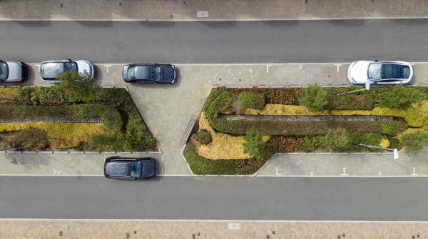 cars parked on the street, overhead view