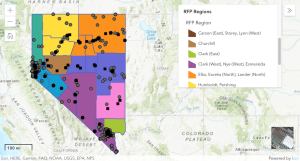 A screenshot of a map of the US with 10 regions within Nevada highlighted in different colors